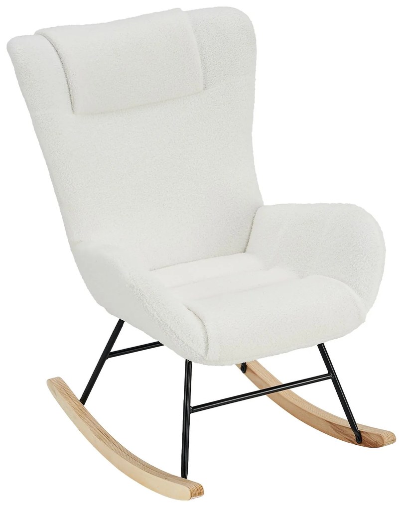 Fotoliu balansoar de relaxare cu spătar ergonomic și brațe, din catifea Teddy confortabilă, Alb