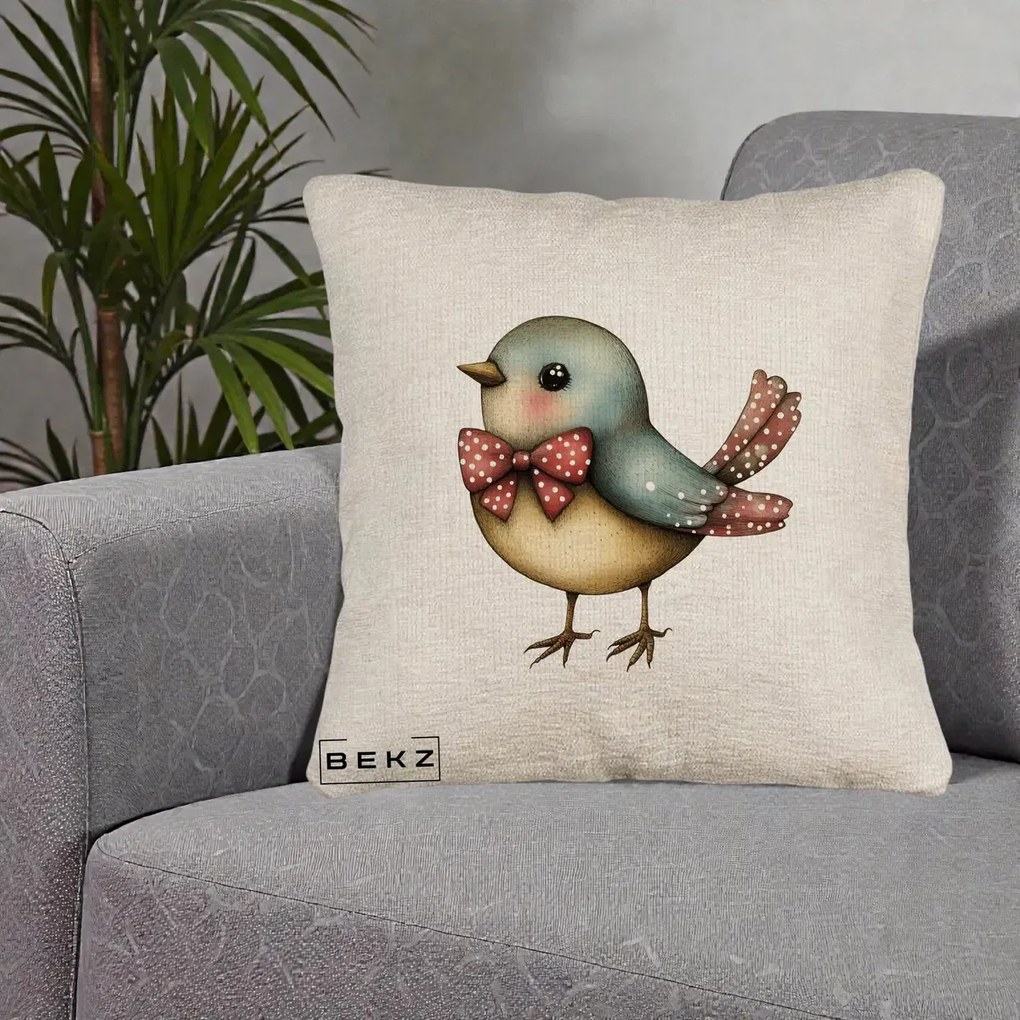 Perna Decorativa Pasare Bleu cu Fundita Rosie, 40x40 cm, Bej Canapea, Husa Detasabila, Perna Inclusa, BEKZ®