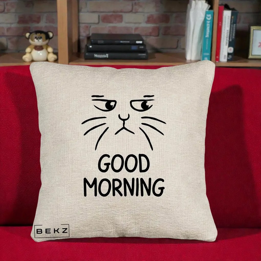 Perna Decorativa Pisica Morocanoasa Good Morning, 40x40 cm, Bej Canapea, Husa Detasabila, Perna Inclusa, BEKZ®