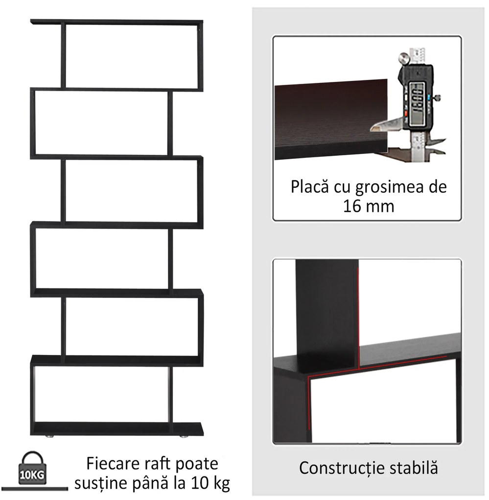 HOMCOM Bibliotecă Modernă cu 6 Rafturi, Design Zig-Zag, Lemn Rezistent, Ușor de Curățat, Negru, 80x24x191 cm | Aosom Romania