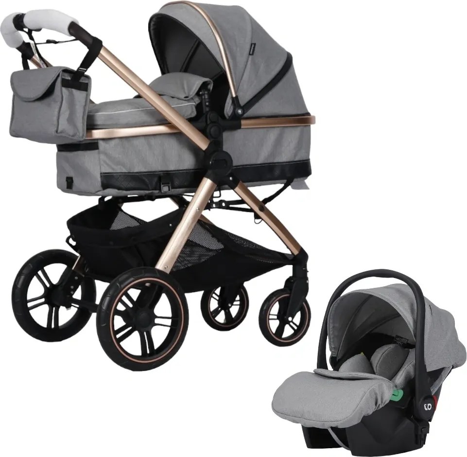 Carucior nou nascuti 3 in 1 NOVOKIDS™ X2000 series, Cu geanta bebe, Cadru Aluminiu Gold, Amortizoare, Roti din cauciuc plin AVE, Landou, Scoica auto,