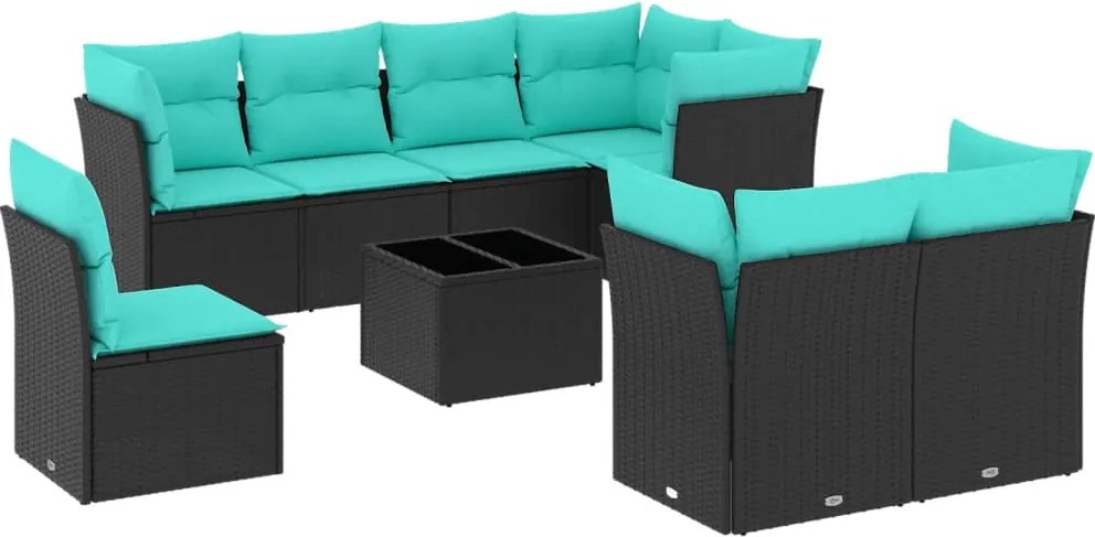 vidaXL Set canapele de grădină cu perne, 9 piese, negru, poliratan