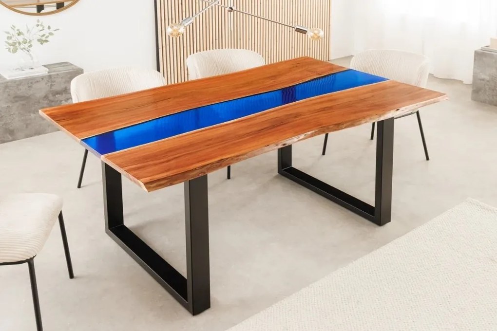 Masa din lemn de salcam cu rasina epoxidica albastra LIQUID 160cm