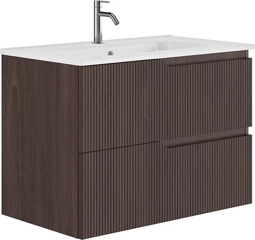 Set dulap baza suspendat Gala Canaletto 2 sertare 80 cm finisaj nuc negru si lavoar Luc alb