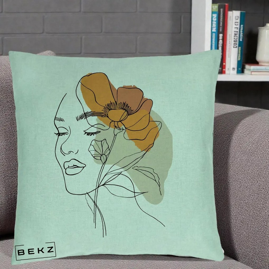 Perna Decorativa Portret Feminin Mac Mare Portocaliu, 40x40 cm, Verde Menta, Husa Detasabila, Perna Inclusa, BEKZ®