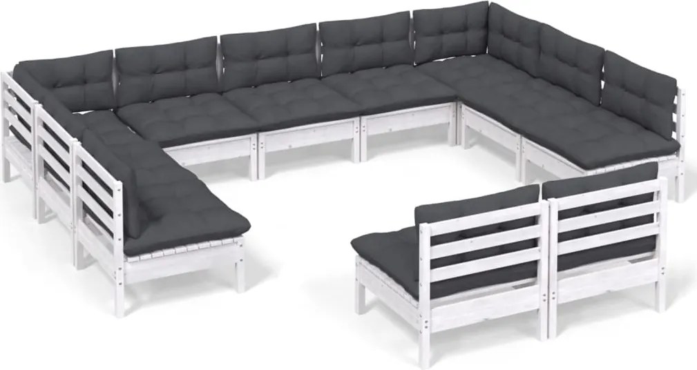 vidaXL Set mobilier de grădină cu perne, 11 piese, alb lemn masiv pin