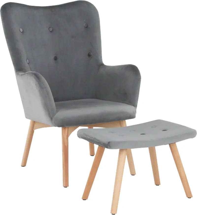 Fotoliu cu taburet, material de catifea gri/fag, LAGER NEW