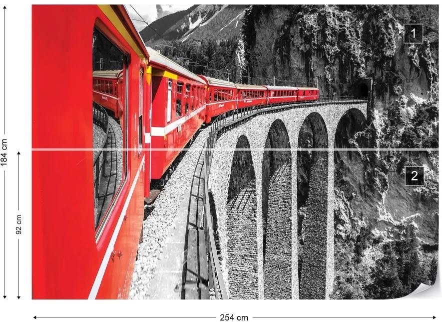 Fototapet GLIX - Red Train In The Mountains + adeziv GRATUIT Tapet nețesute - 254x184 cm