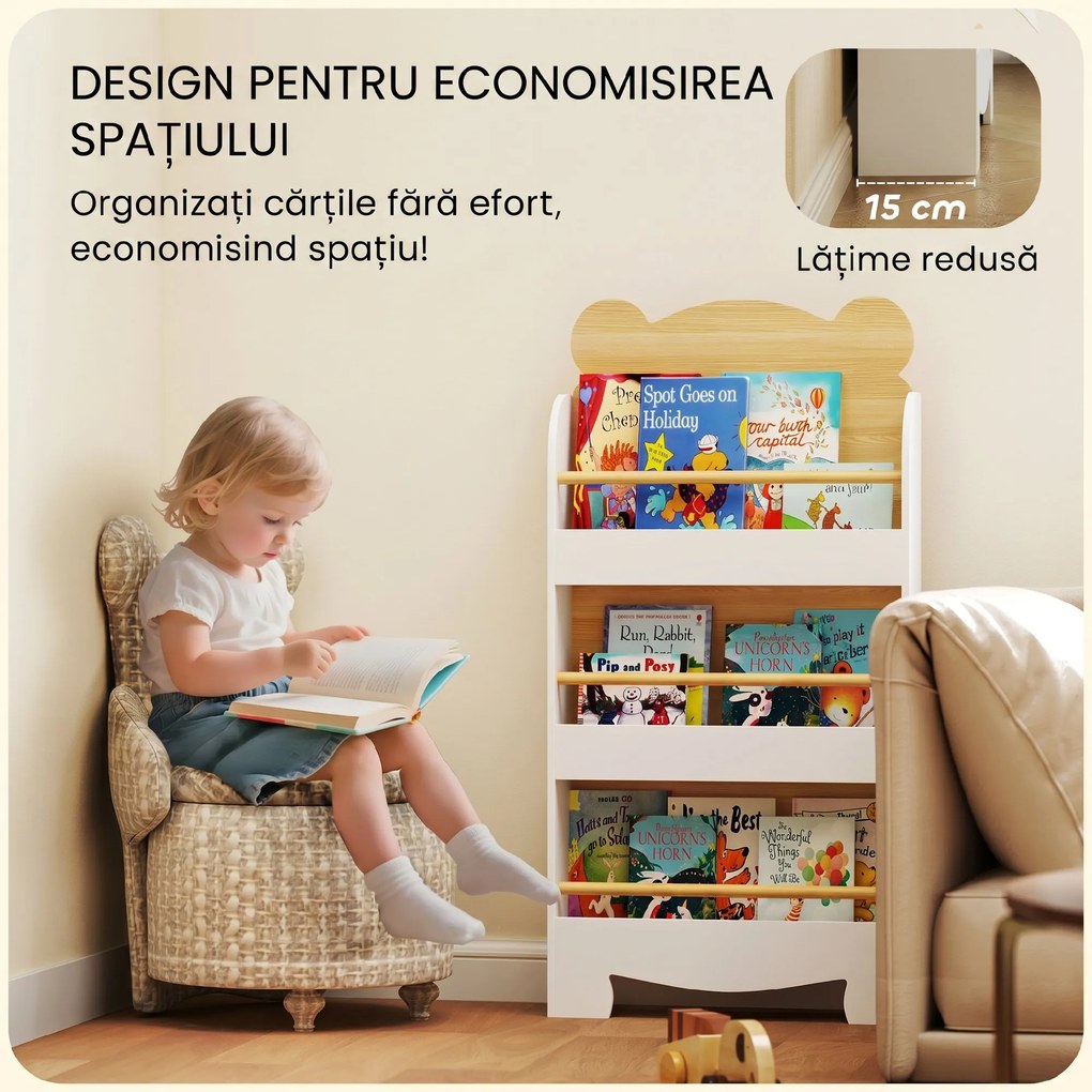 AIYAPLAY Bibliotecă pentru Copii cu 3 Rafturi în Formă de Ursuleț, cu Bariere Frontale, 55x15x110 cm, Culoare Lemn | Aosom Romania