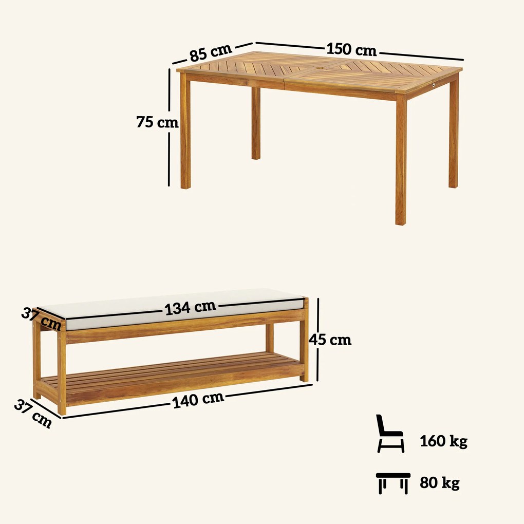 Outsunny Set de mobilier de grădină 3 buc., Set de scaune cu 1 masă cu orificiu pentru umbrelă, 2 bănci 150 x 85 x 75 cm Teak | Aosom Romania