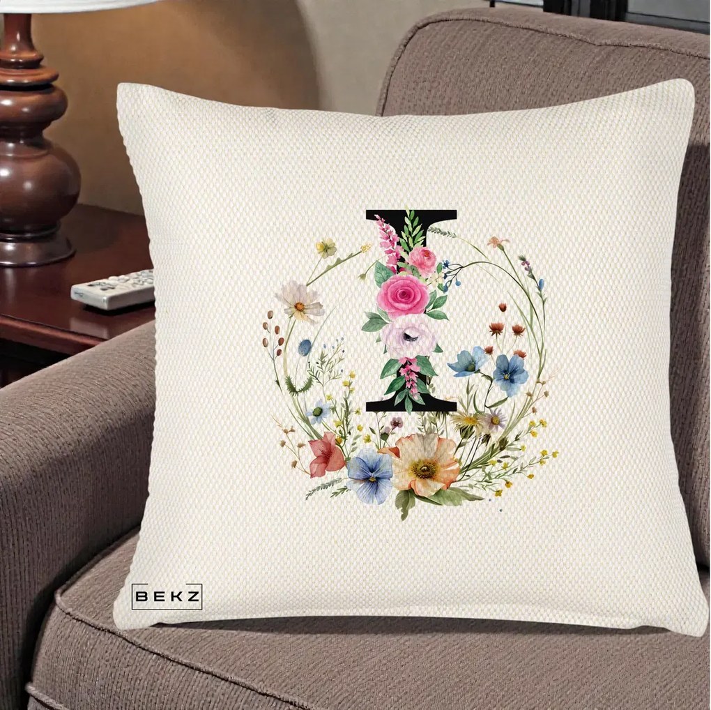 Cadou Personalizat - Perna Personalizata Monogram Litera I cu Flori Acuarela, 40x40 cm, Crem Reliefat, Husa Detasabila, Perna Inclusa, BEKZ®