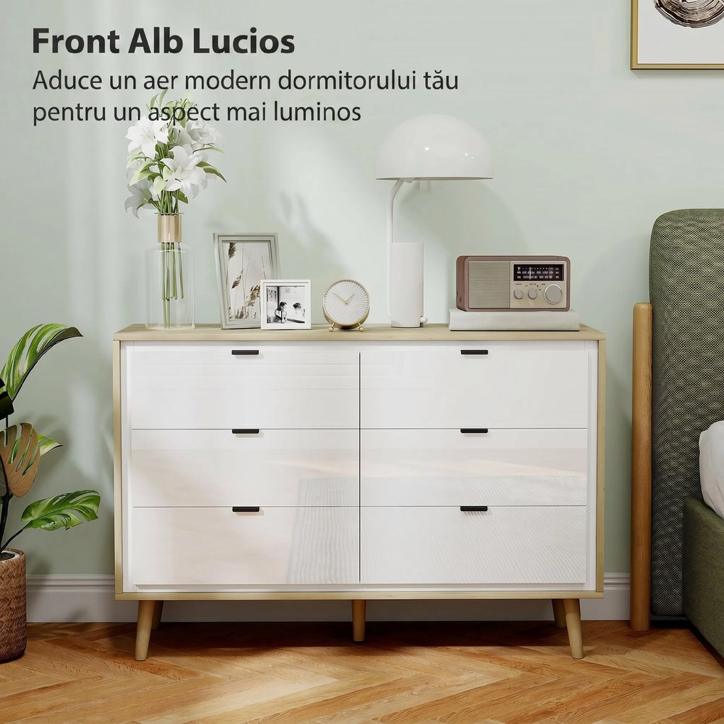 HOMCOM Comodă cu 6 Sertare din Lemn 110x40x75 cm Alb Lucios și Stejar | Aosom Romania