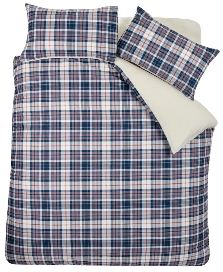 Lenjerie de pat albastră-bej din sherpa pentru pat dublu 200x200 cm Cosy Sherpa Check – Catherine Lansfield