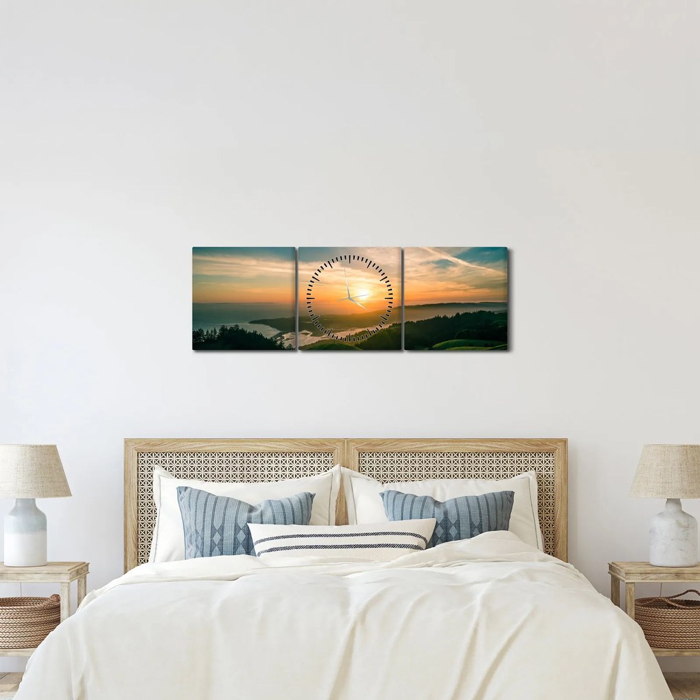 Tablou cu soarele răsărind deasupra mării (cu ceas) (90x30 cm)