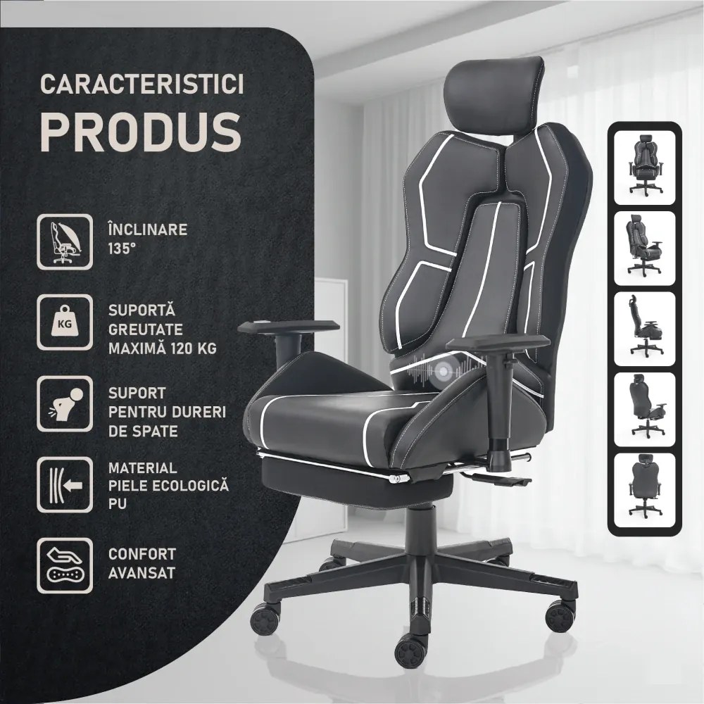 LUMINA X-Motion Core – Gaming & Office –Ergonomie, Confort Total, PU, Negru/Alb