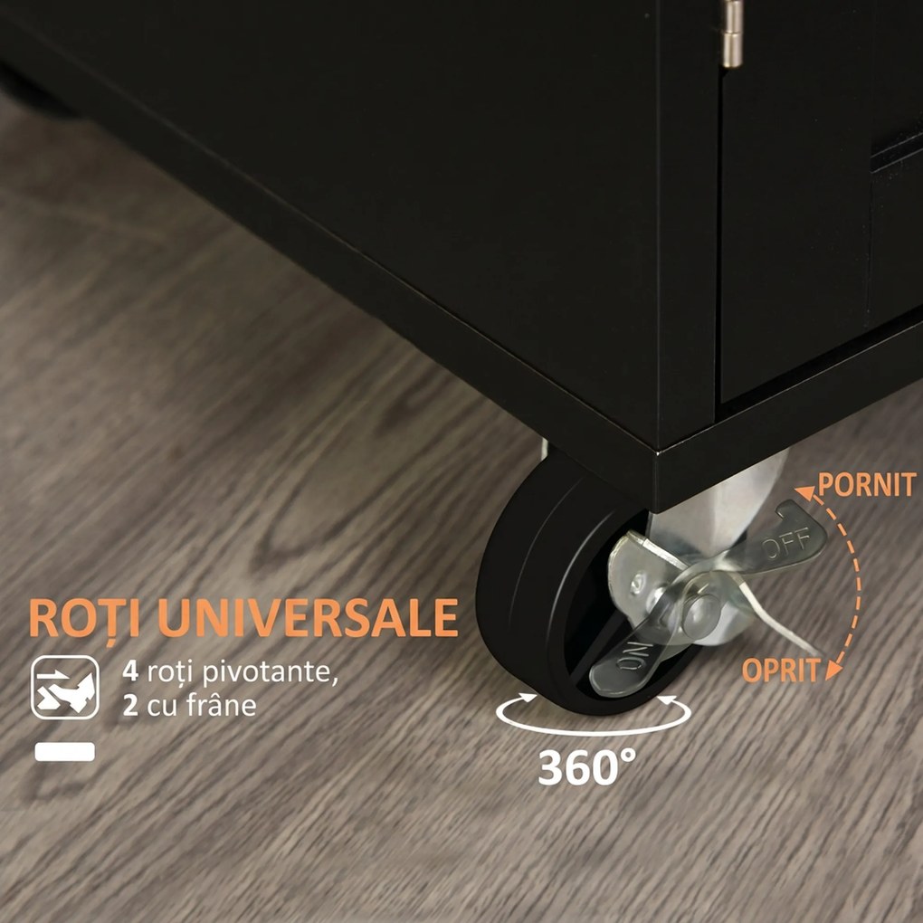 HOMCOM Cărucior de Bucătărie cu Sertar și Dulap cu 2 Uși, Insulă de Bucătărie cu roți și bară laterală, 83x45x91.5 cm, Negru | Aosom Romania