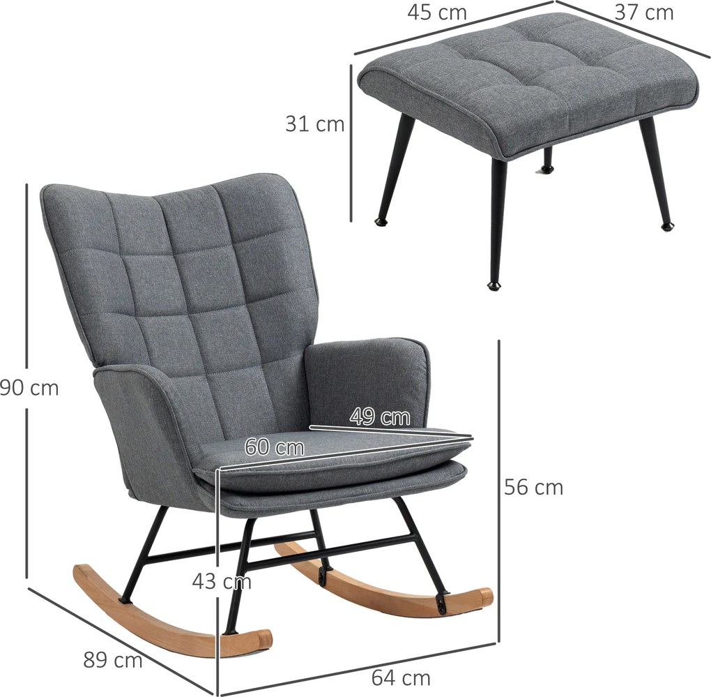 HOMCOM Scaun Balansoar cu Taburet în Stofă Tip In și Lemn de Cauciuc, Fotoliu Balansoar cu Pernă, Spătar Înalt, Cotiere, Capacitate 130 kg, pentru Dormitor Living, Gri | Aosom Romania