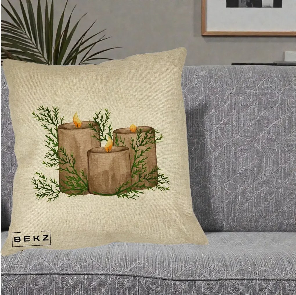 Perna Decorativa Lumanari Rustice cu Crengute Brad, 40x40 cm, Crem, Husa Detasabila, Perna Inclusa, BEKZ®