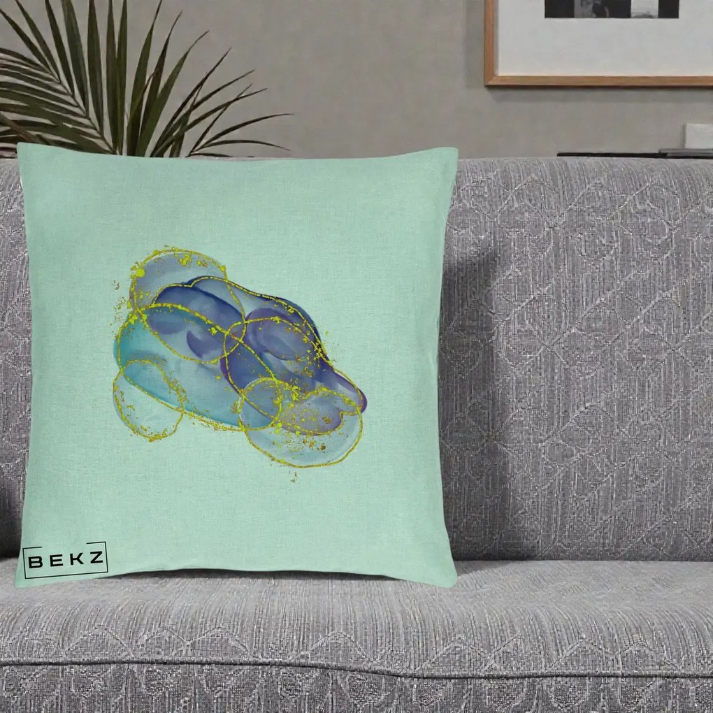 Perna Decorativa Abstract Acuarela Albastru-Mov cu Cercuri Aurii, 40x40 cm, Verde Menta, Husa Detasabila, Perna Inclusa, BEKZ®