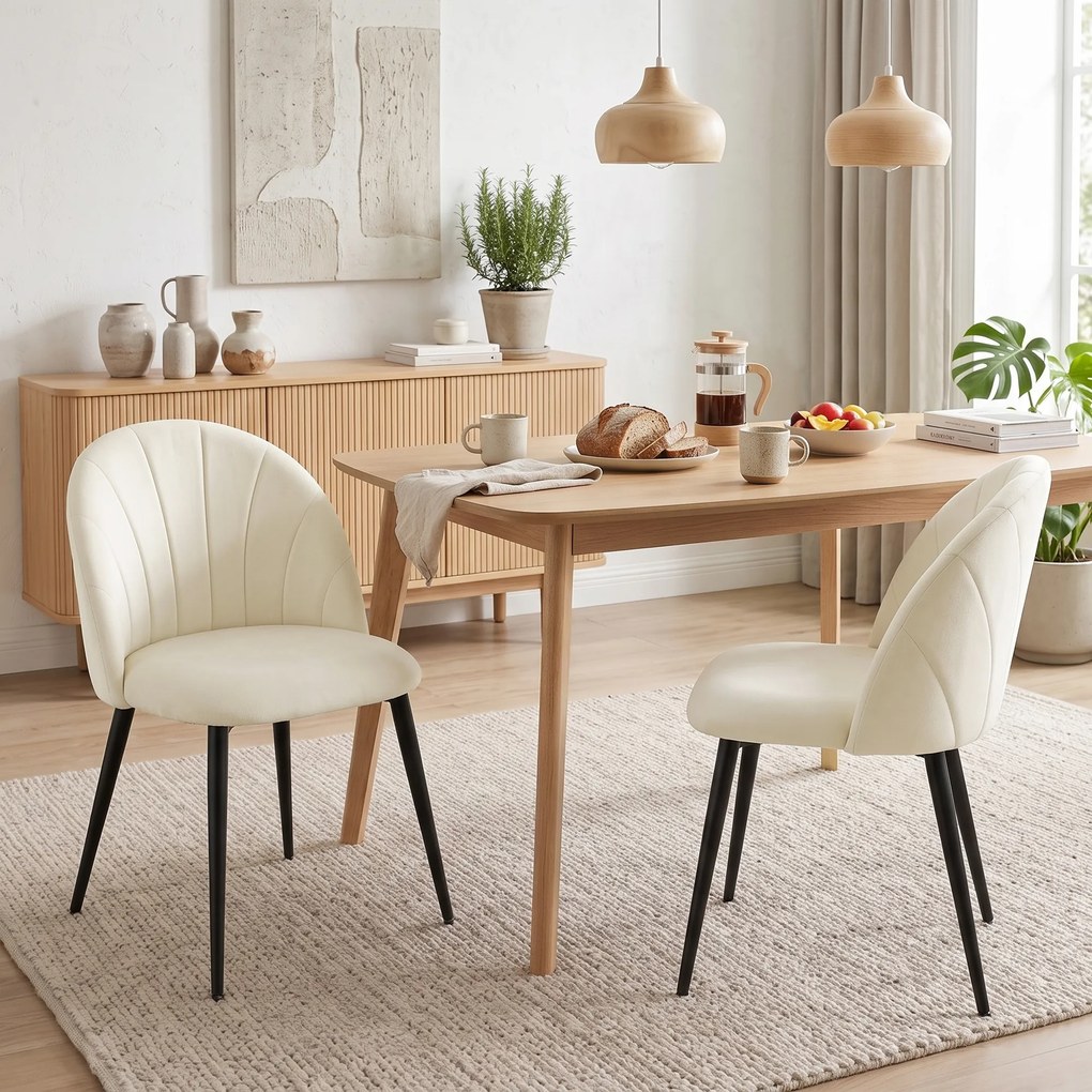 HOMCOM Set 2 Scaune Dining cu Spătar Tip Scoică și Picioare Metalice, Catifea, Crem | Aosom Romania