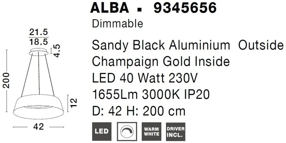 Pendul LED dimabil design modern ALBA negru 42cm
