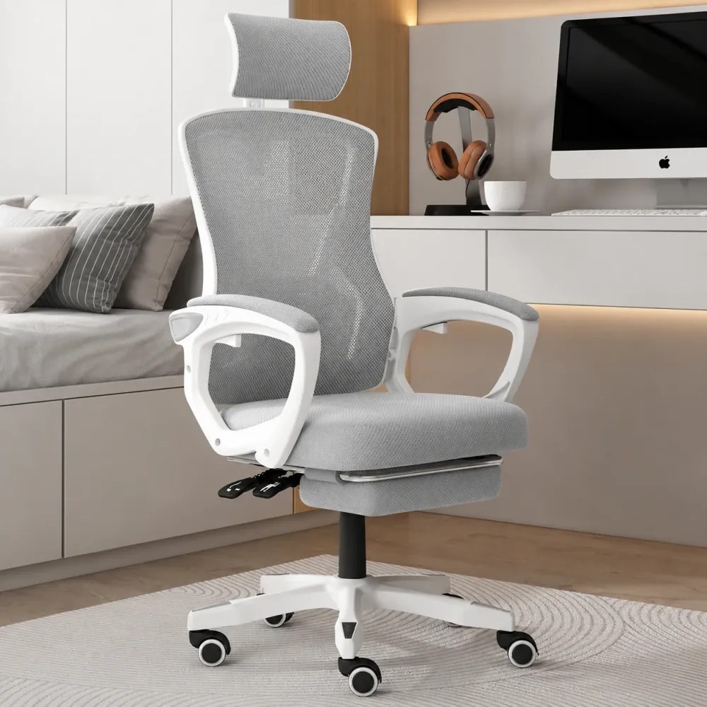 Scaun ergonomic cu suport lombar, pivotant 360°, tetieră reglabilă, suport pentru picioare, Mesh, Alb/Gri