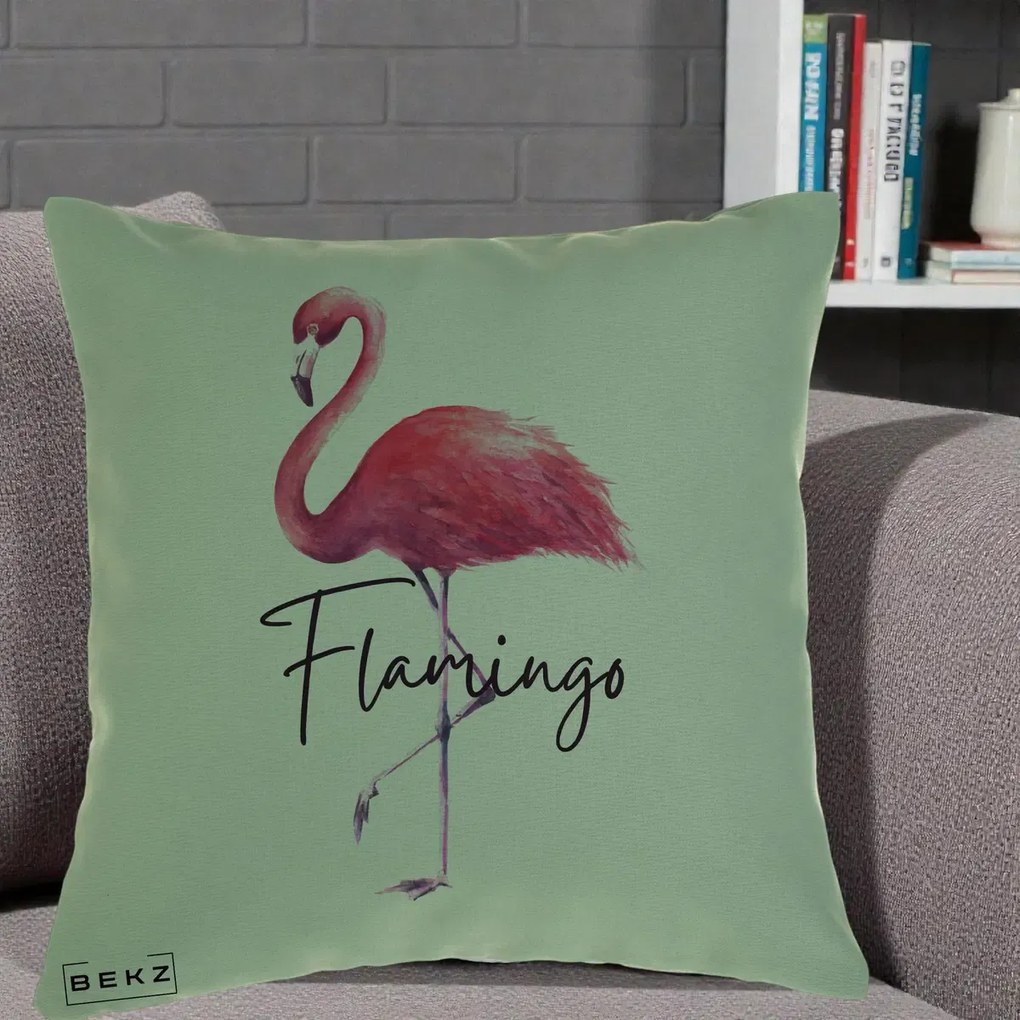 Perna Decorativa Flamingo Acuarela, 40x40 cm, Verde, Husa Detasabila, Perna Inclusa, BEKZ®