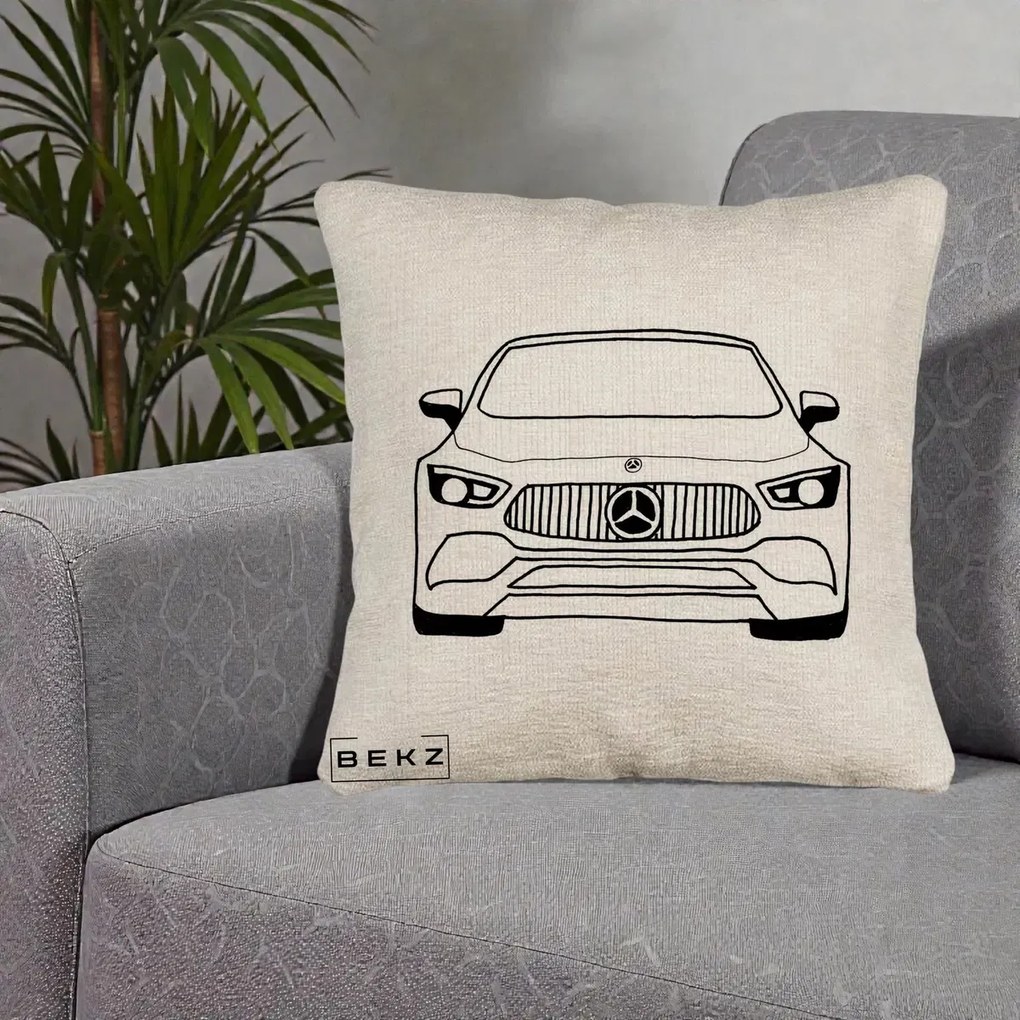 Perna Personalizata Mercedes-Benz Fata Linie, 40x40 cm, Bej Canapea, Husa Detasabila, Perna Inclusa, BEKZ®