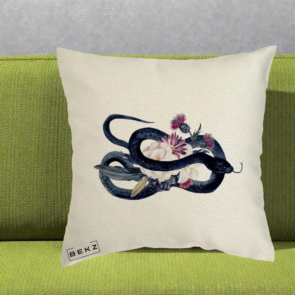 Perna Decorativa Sarpe Negru cu Flori Gothic, 40x40 cm, Ecru, Husa Detasabila, Perna Inclusa, BEKZ®