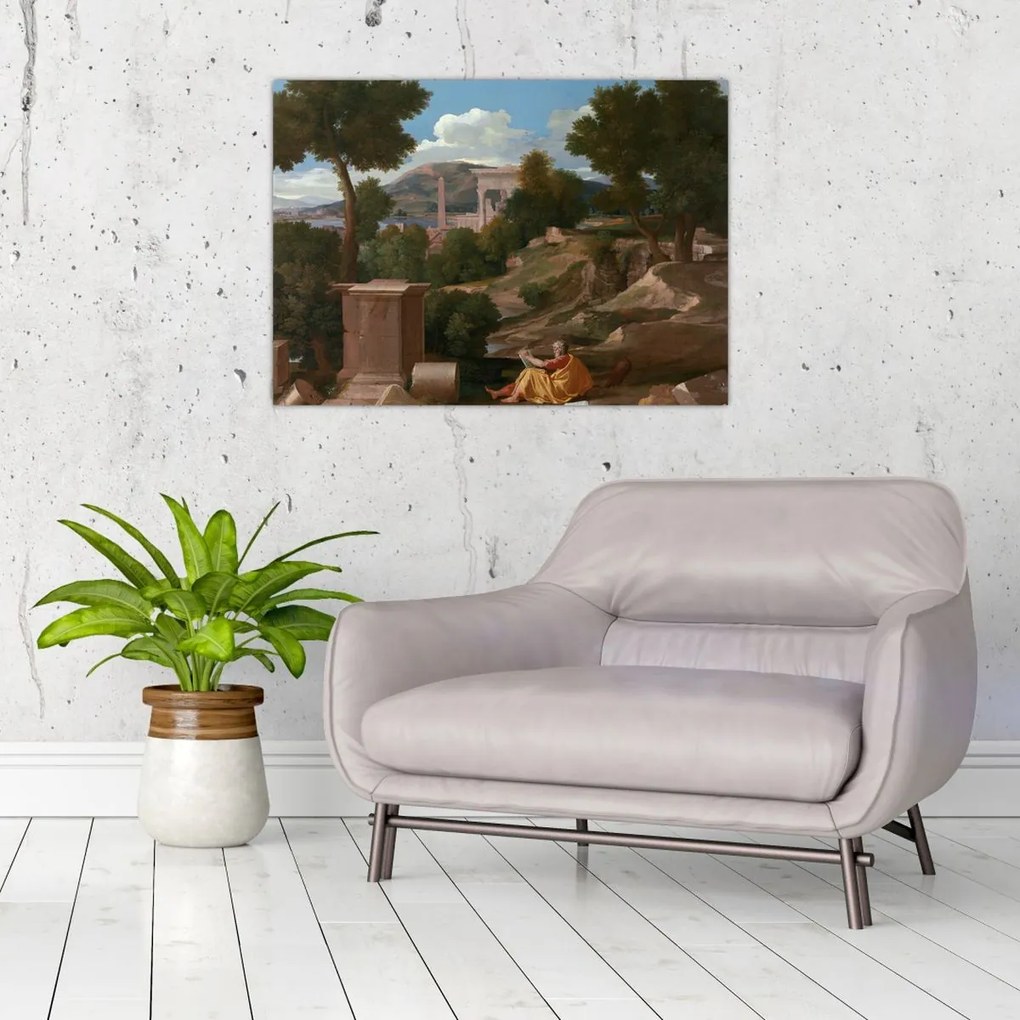 Tablou pe sticlă - Nicolas Poussin, Landscape with Saint John on Patmos, reproducere (70x50 cm)
