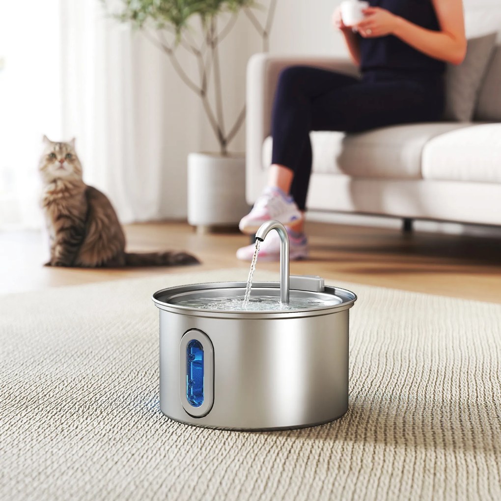 PawHut Fântână din Inox 2,5L pentru Pisici cu LED și 2 Moduri de Flux, Argintiu | Aosom Romania