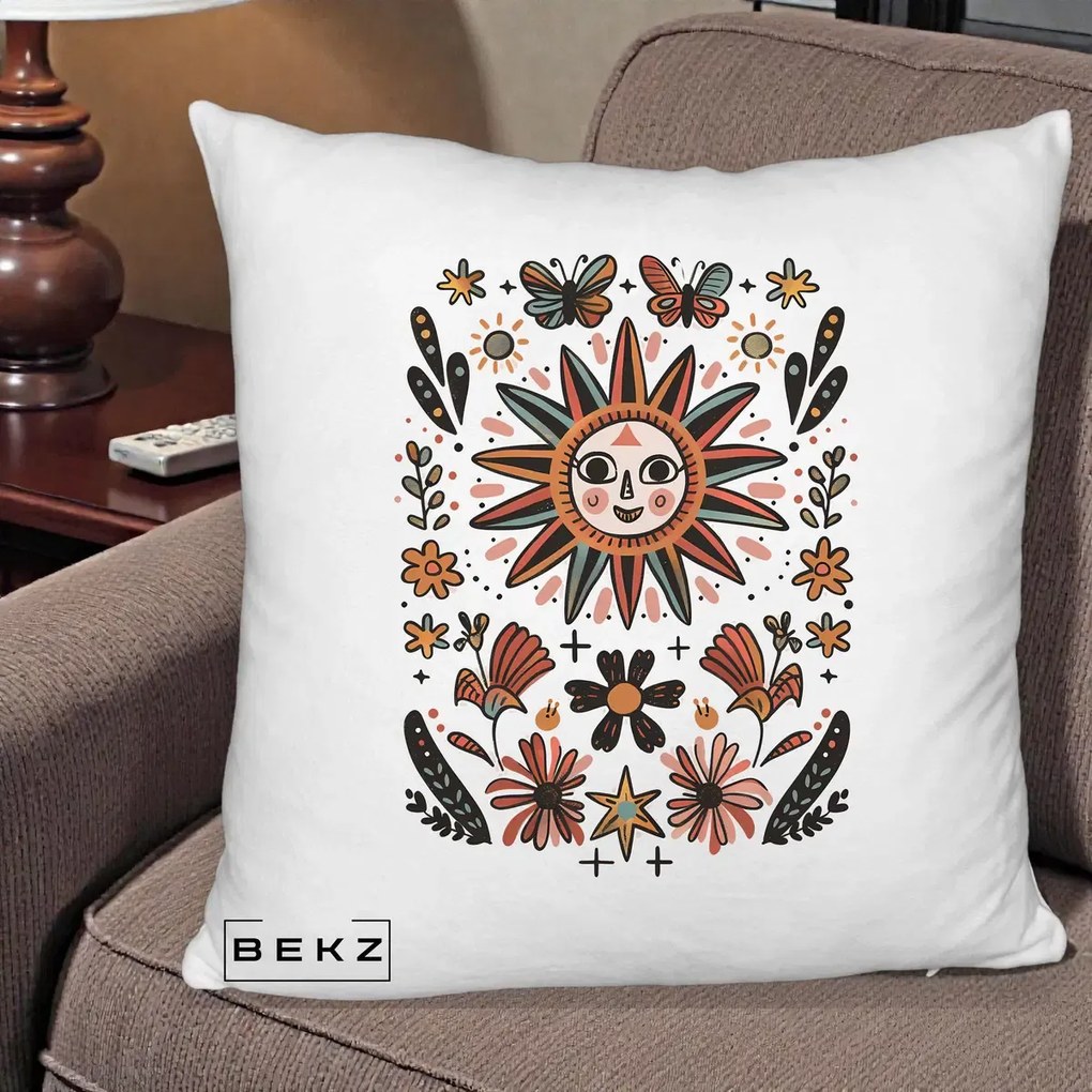 Perna Decorativa Soare Boho Folk Fluturi, 40x40 cm, Alb Pufos, Husa Detasabila, Perna Inclusa, BEKZ®