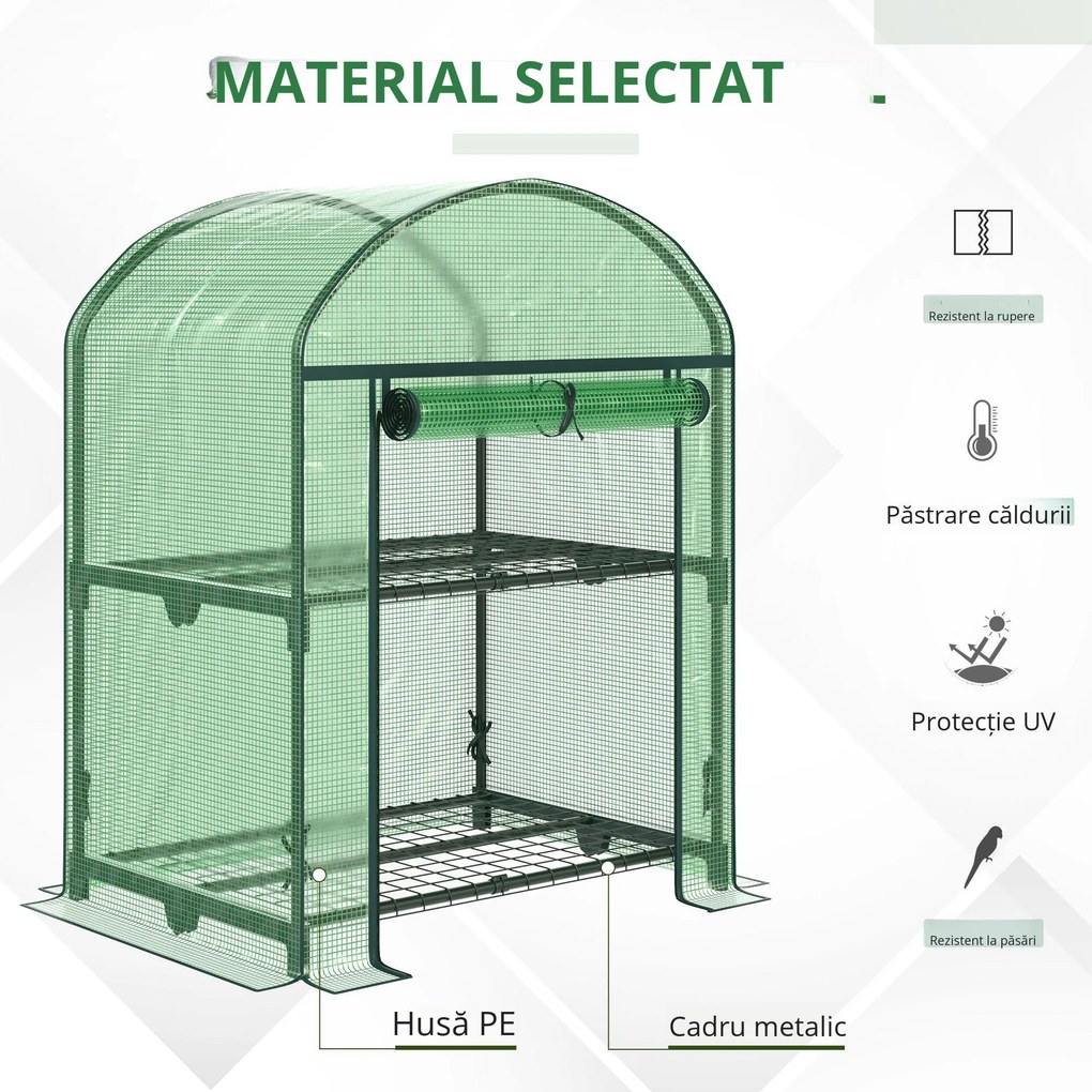 Outsunny Mini Seră de Grădină cu 2 Rafturi Metalice și Acoperiș PE, Seră Compactă pentru Balcon și Terasă, 69x49x91 cm, Verde | Aosom Romania