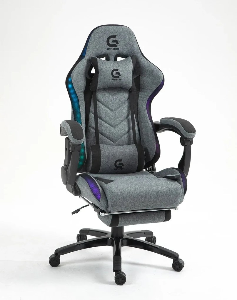 RESIGILAT- Scaun gaming, Masaj 7 puncte, Sistem iluminare banda LED RGB, Boxe Bluetooth, funcție șezlong, 90-155 grade, suport picioare, Textil, Gri/Negru