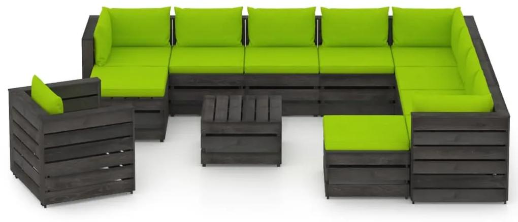 Set mobilier de gradina cu perne, 12 piese, gri, lemn tratat bright green and grey, 12