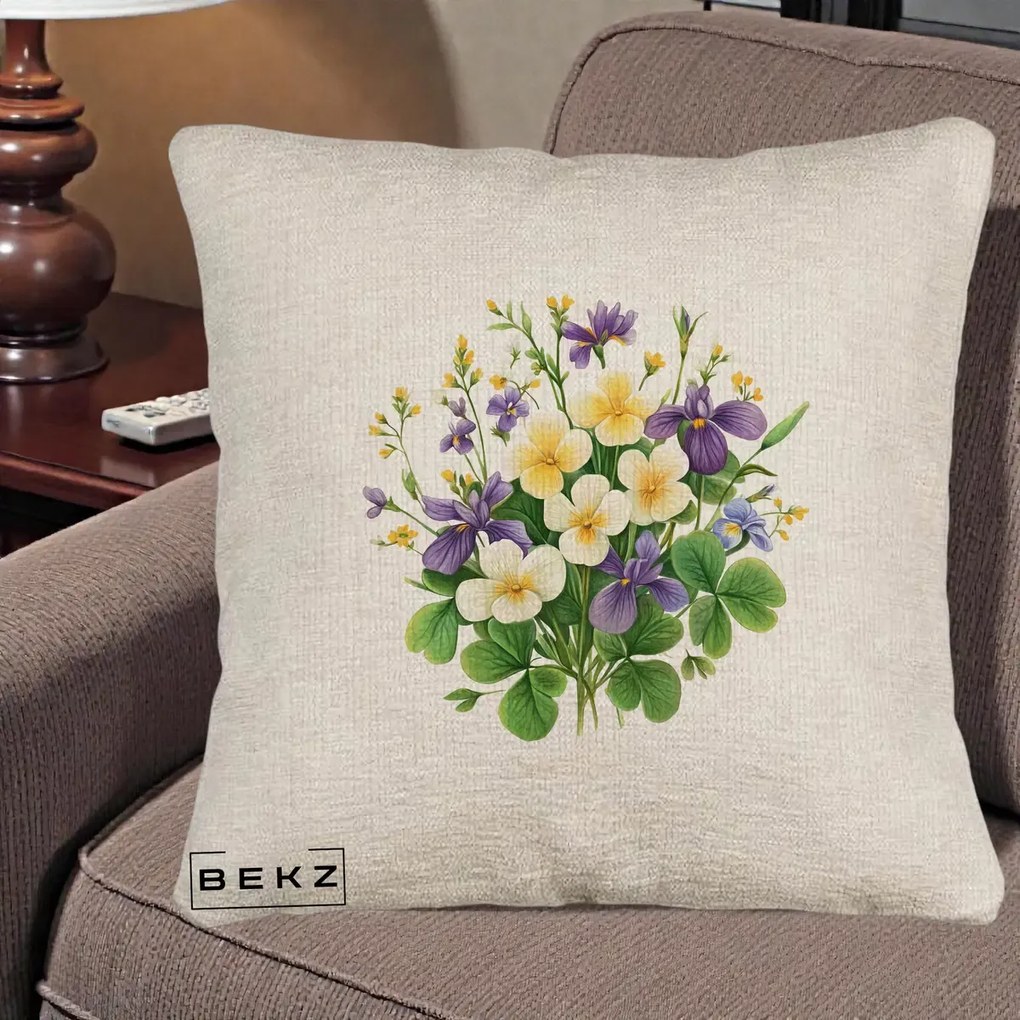Perna Decorativa Viorele Iris Violet si Trifoi, 40x40 cm, Bej Canapea, Husa Detasabila, Perna Inclusa, BEKZ®