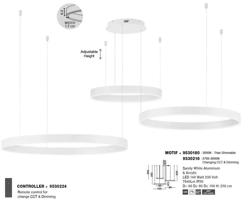 Lustra LED dimabila design circular MOTIF 3 ring alb