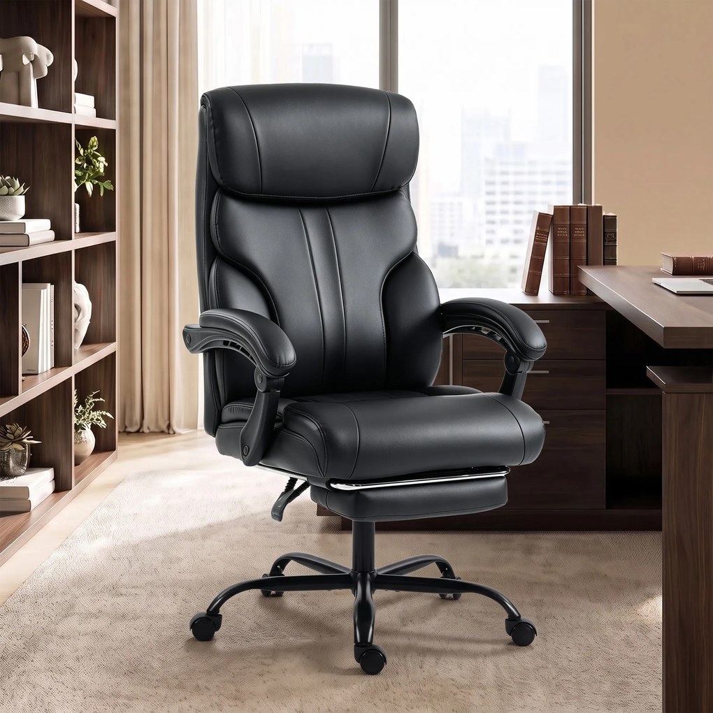 HOMCOM Scaun de birou ergonomic rotativ, rabatabil 165°, din piele ecologică PU, cu suport pentru picioare și înălțime reglabilă, negru | Aosom Romania