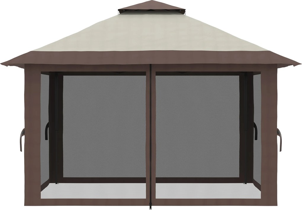 Outsunny Pavilion Pliabil Pop-Up 4x4 m cu Înălțime Reglabilă pe 3 Niveluri, Pavilion de Exterior cu Plasă de Țânțari, Saci de Nisip, Geantă de Transport, UV50+, pentru Grădină, Camping, Petreceri, Bej | Aosom Romania