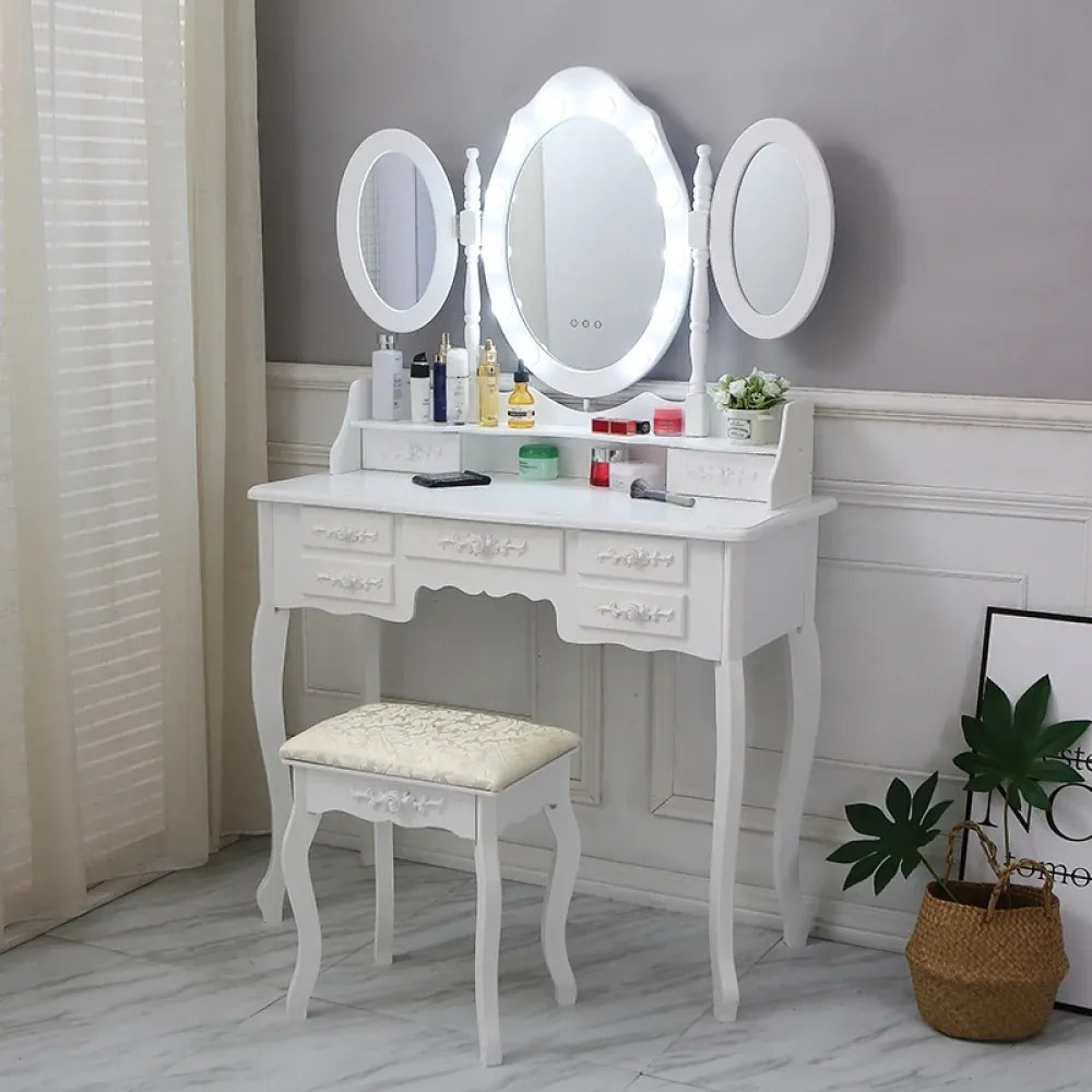 RESIGILAT- Set ILINCA, Masă de toaletă cu 3 oglinzi, iluminare LED, control touch, 7 sertare, scaun, Alb
