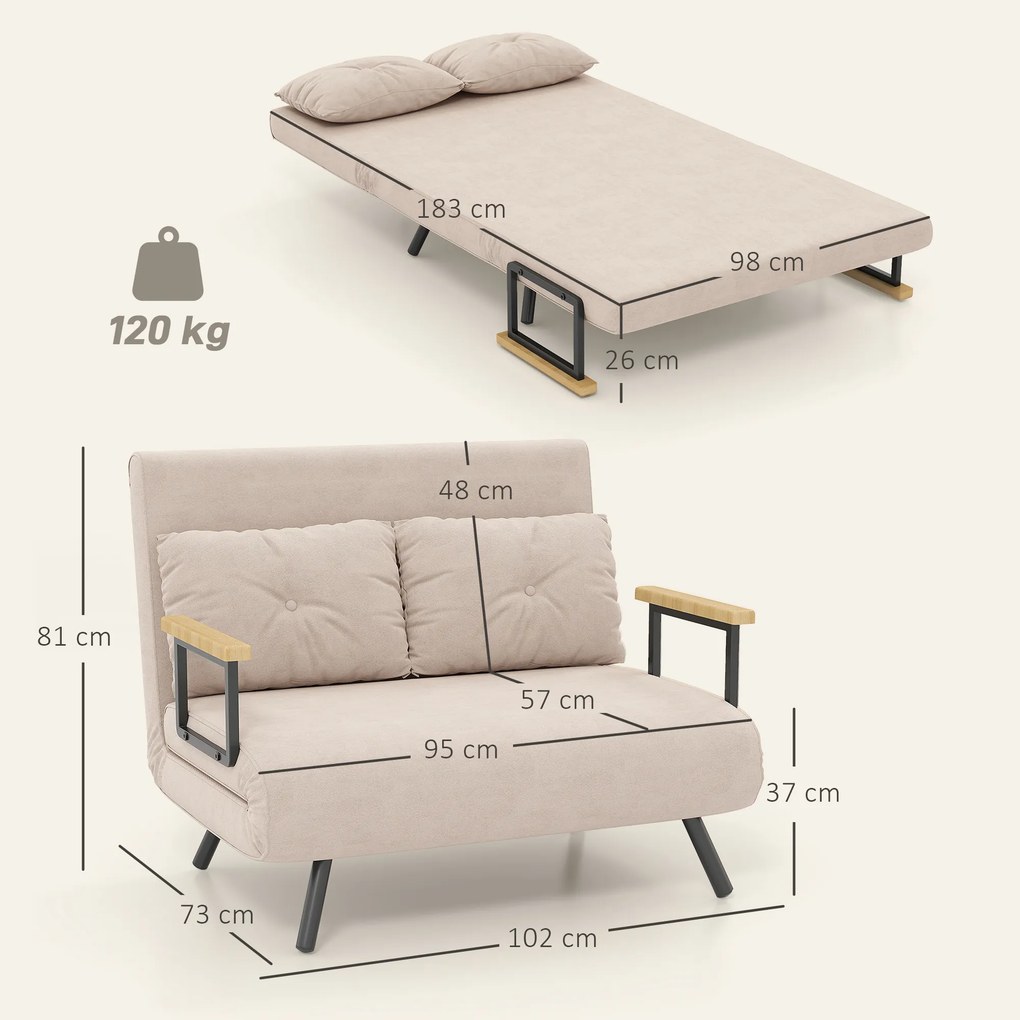 HOMCOM Canapea Pat de 2 Locuri cu Spătar Reglabil pe 5 Nivele și 2 Perne din Material Capitonat, 102x73x81 cm, Negru | Aosom Romania