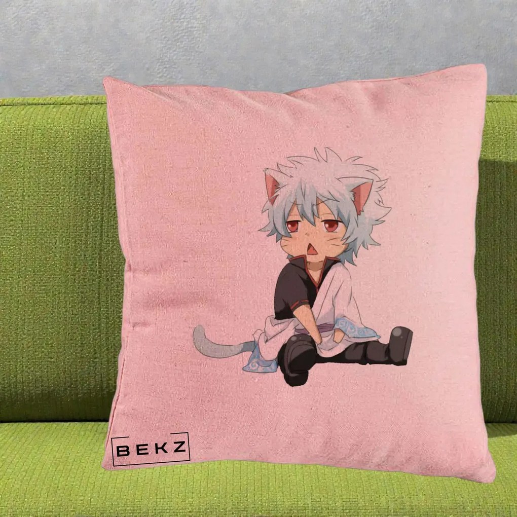 Perna Personalizata Gintama Gintoki Chibi Pisica, 40x40 cm, Roz, Husa Detasabila, Perna Inclusa, BEKZ®