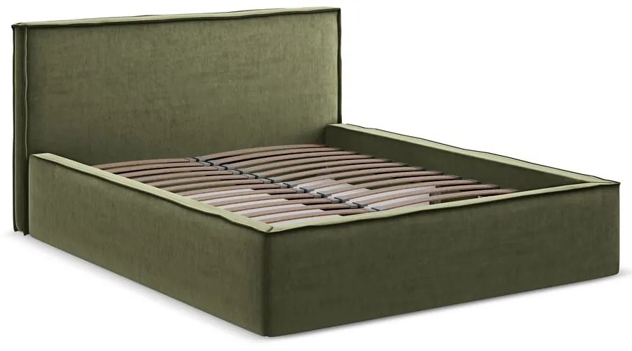 Pat matrimonial verde tapițat cu spațiu de depozitare cu somieră 160x200 cm Anani – Makamii