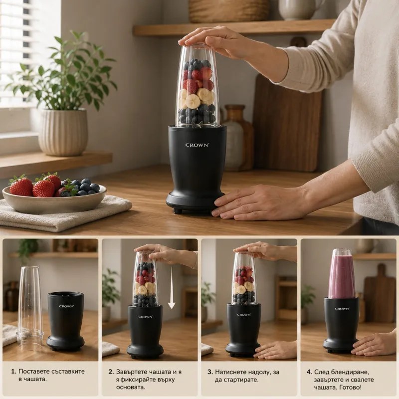 Blender Crown CTB-1000, 300 W, 4 lame, 3 pahare cu capace – 300/480/540 ml, Functie Pulse, Negru
