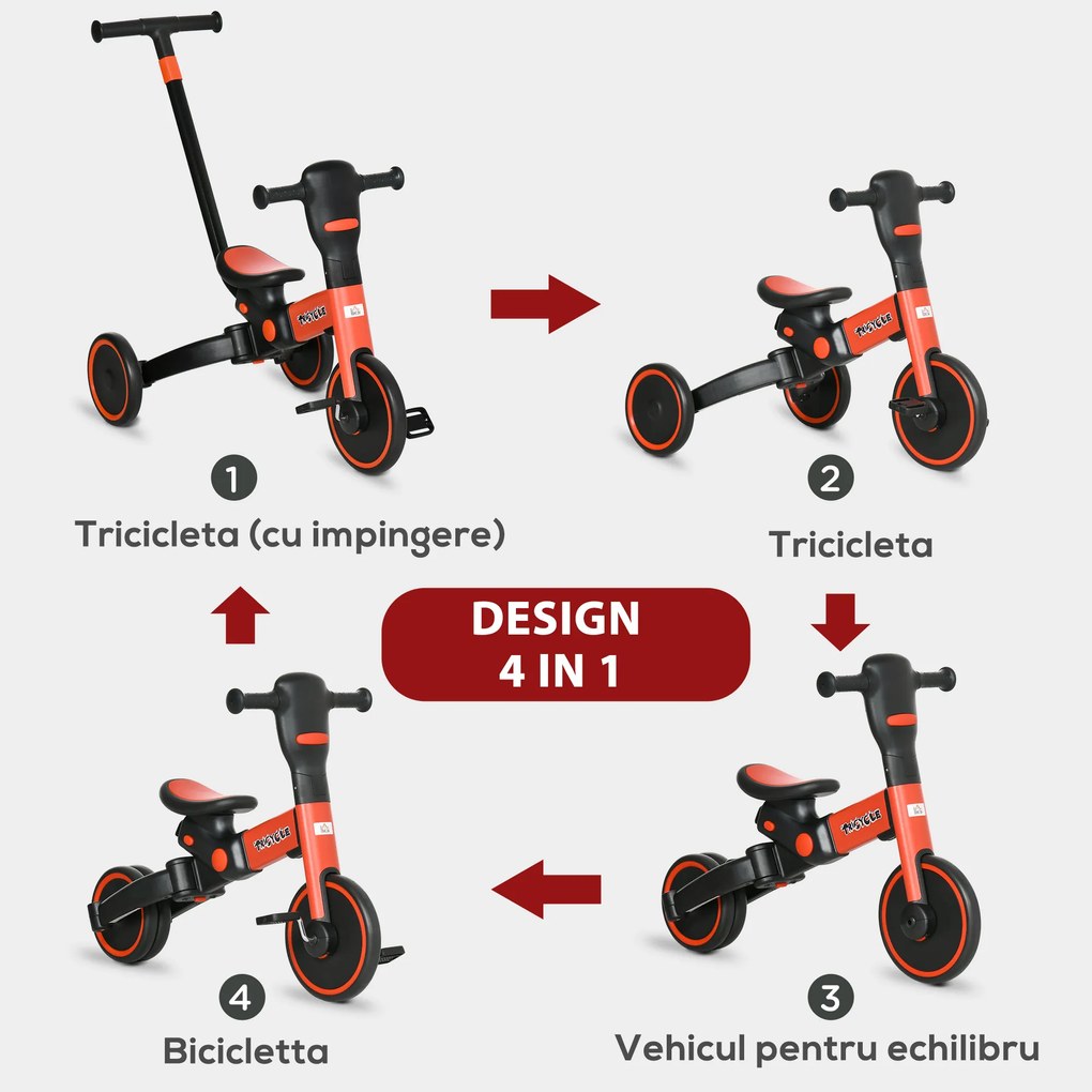 HOMCOM Tricicleta 4 in 1 pentru copii, tricicleta pentru copii cu maner de impingere reglabil, suport pentru picioare | Aosom Romania