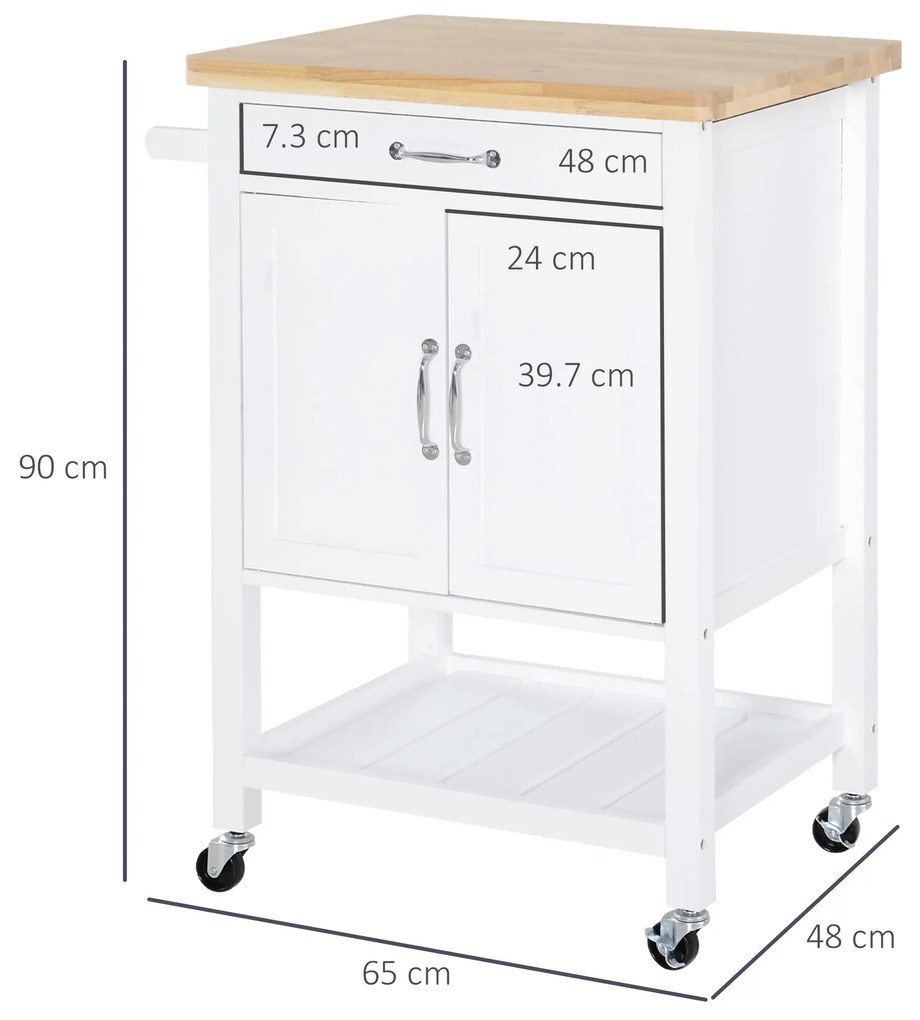 Carucior de bucatarie HOMCOM din lemn alb 65x48x90cm | Aosom RO