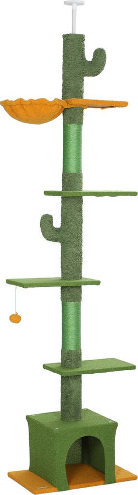 PawHut Ansamblu de Zgâriat pentru Pisici cu Fixare în Tavan, 230-275 cm, Hamac, Căsuță, Stâlpi din Sisal, Verde | Aosom Romania
