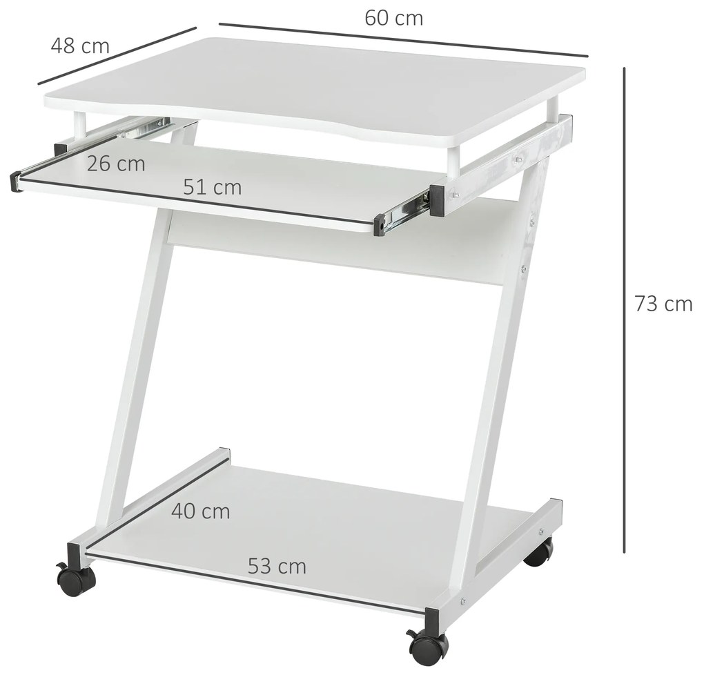 Masa cu roti HOMCOM, suport PC/laptop, 60x48x73cm alb | Aosom Romania