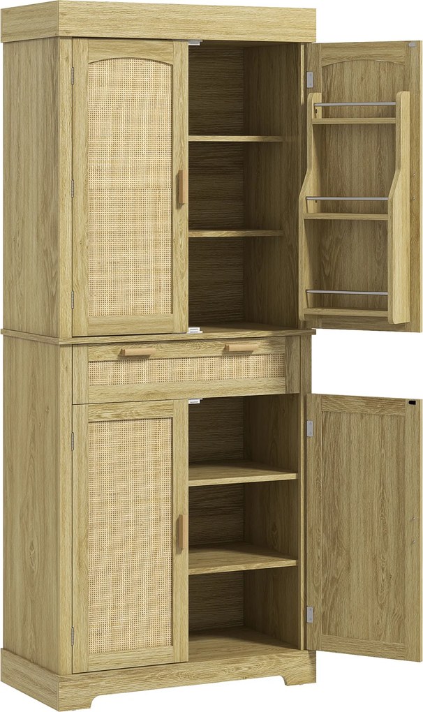 HOMCOM Dulap Bucătărie 76×40×183 cm cu 2 Uși și Sertar, Rafturi Condimente, Stejar | Aosom Romania