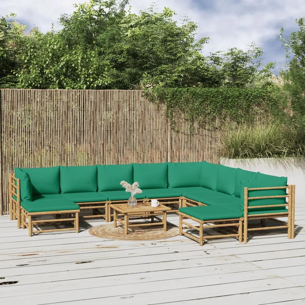 Set mobilier de gradina cu perne verzi, 11 piese, bambus